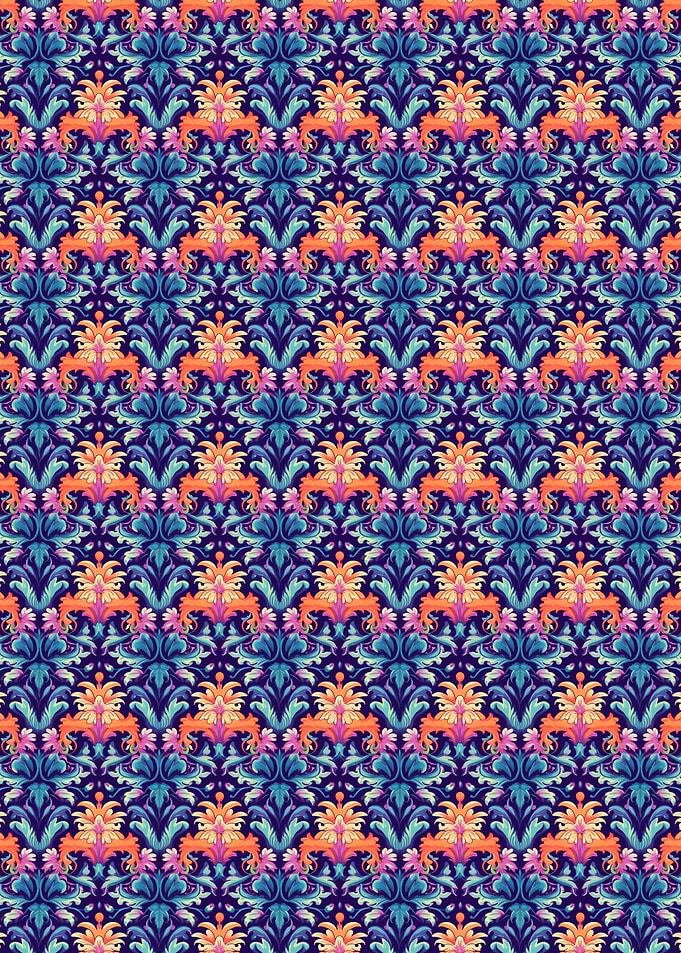 Floral Damask Pattern in Blue and Orange