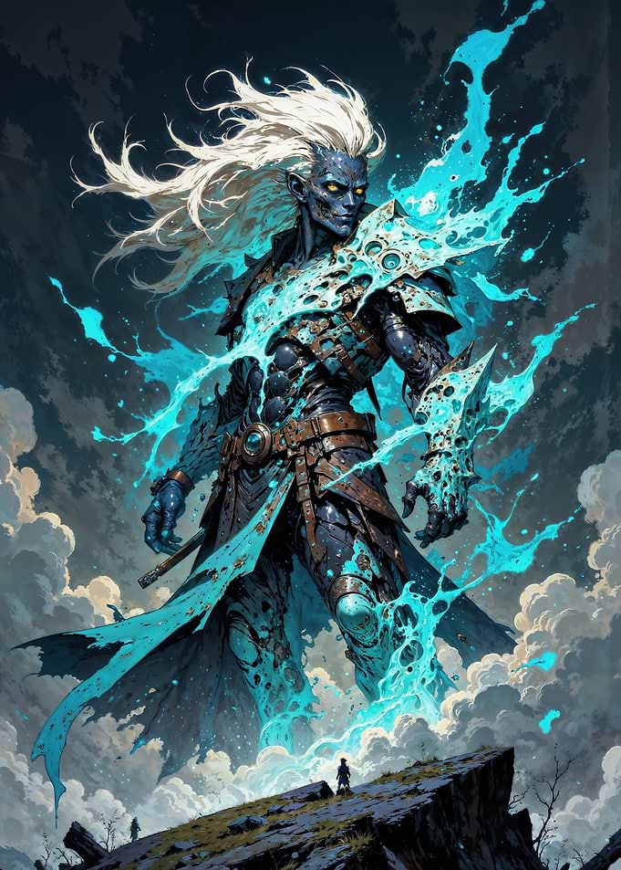 Colossal Cyan Sorcerer of the Azure Storm: Elemental Guardian of Mystic Realms