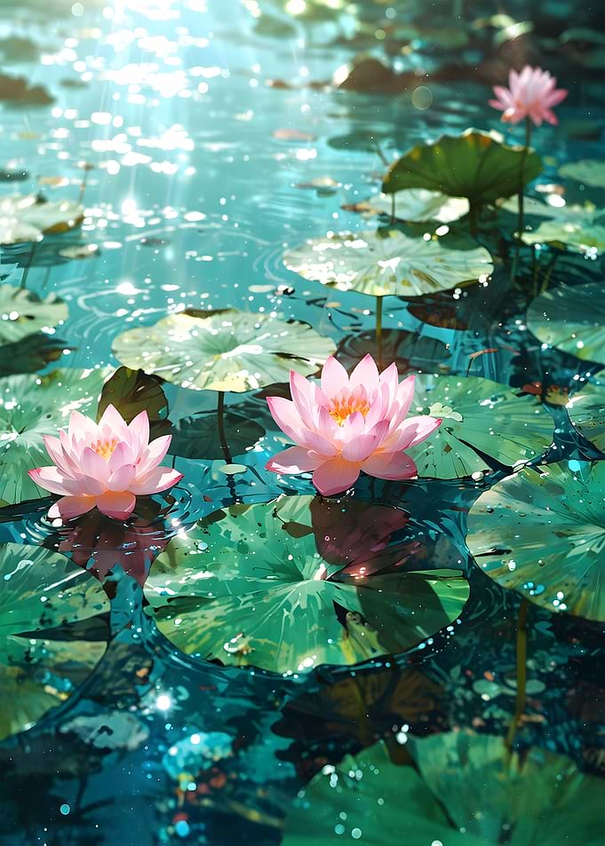 Pink Lotus Flowers in a Pond