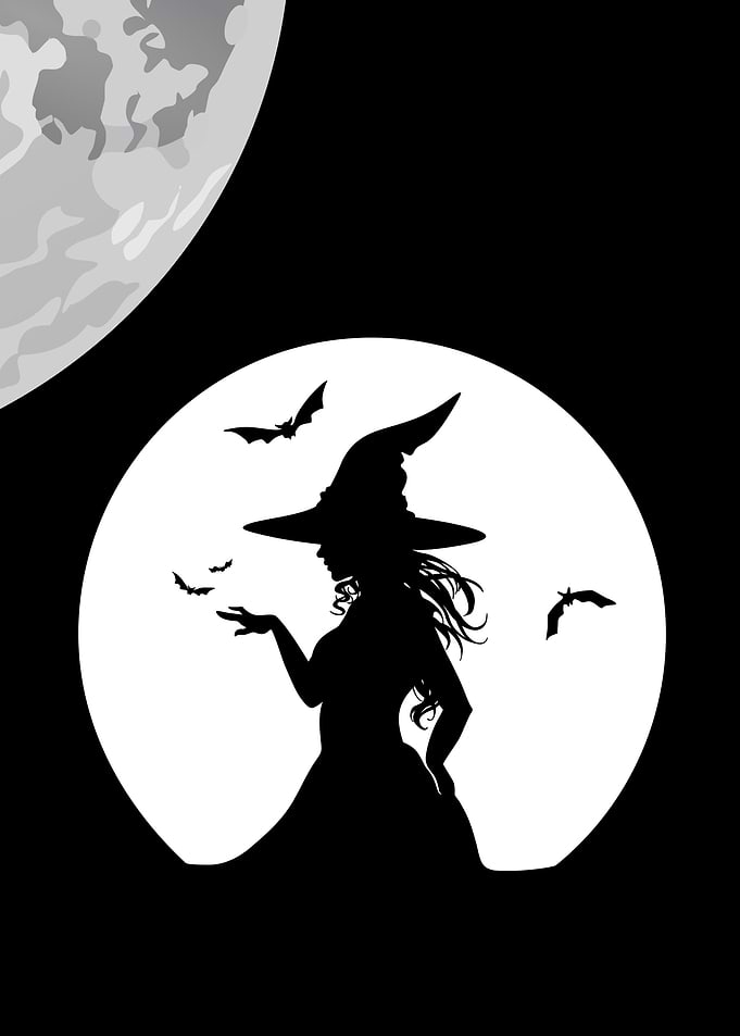 Witch Silhouette with Moon and Bats
