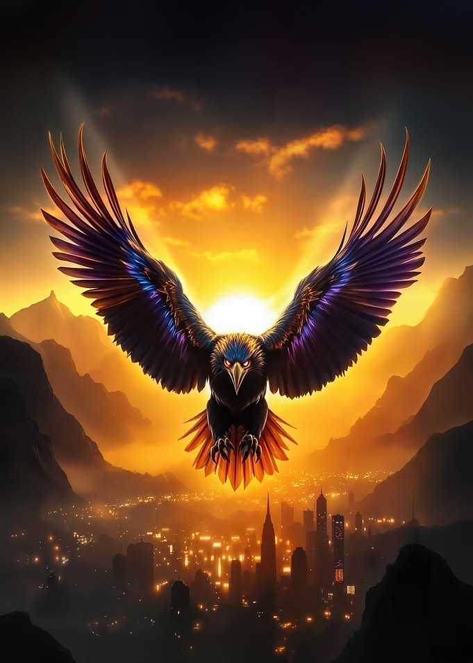 Majestic Eagle Over City at Sunset