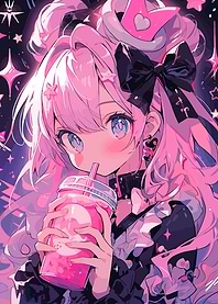 Pink Anime Girl Drinking Boba Tea