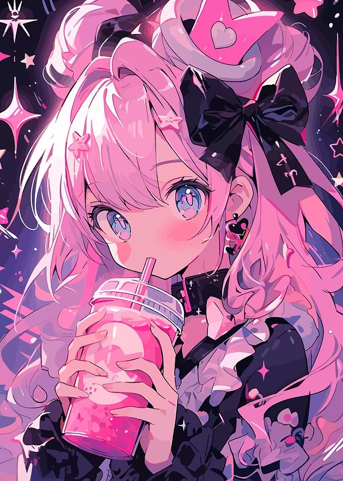 Pink Anime Girl Drinking Boba Tea