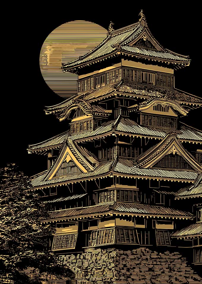 Japanese Castle Under Full Moon Illustration