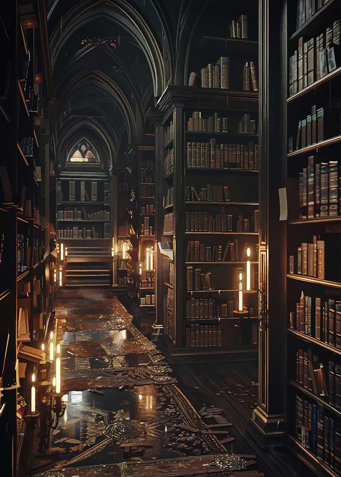 Dark Academia Library with Candlelight