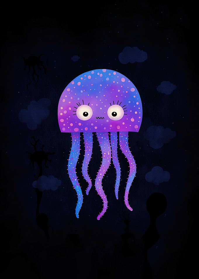 Cute Cartoon Jellyfish in Dark Space