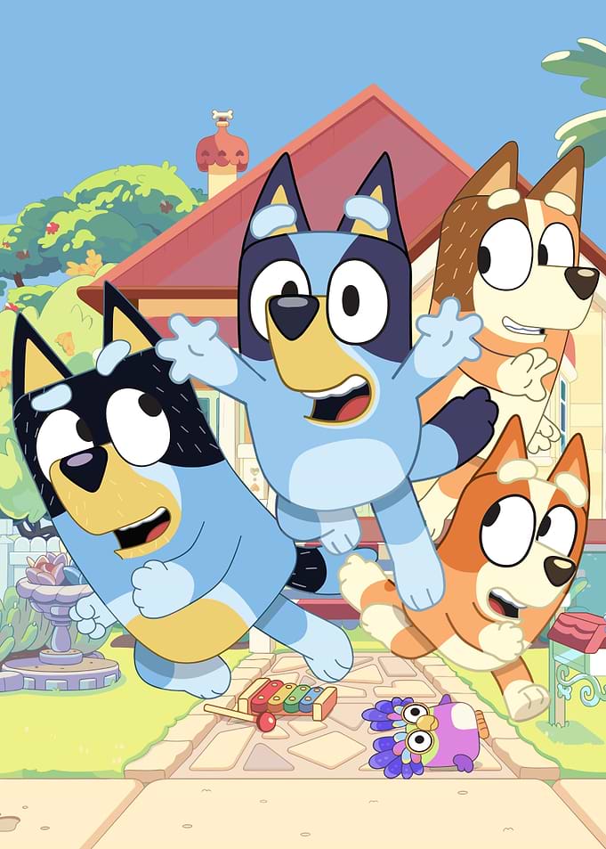 Bluey and family cartoon scene