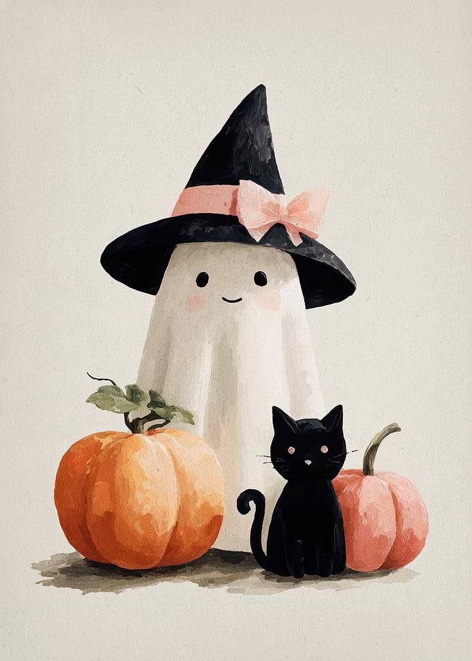 Cute Halloween Ghost, Cat, and Pumpkins
