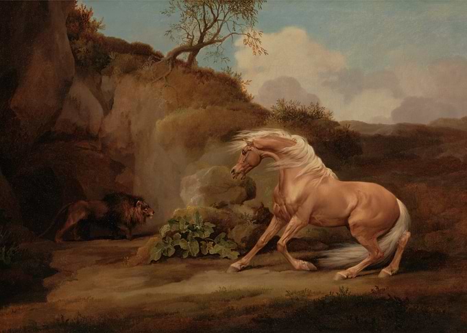 Horse and Lion in Landscape Painting