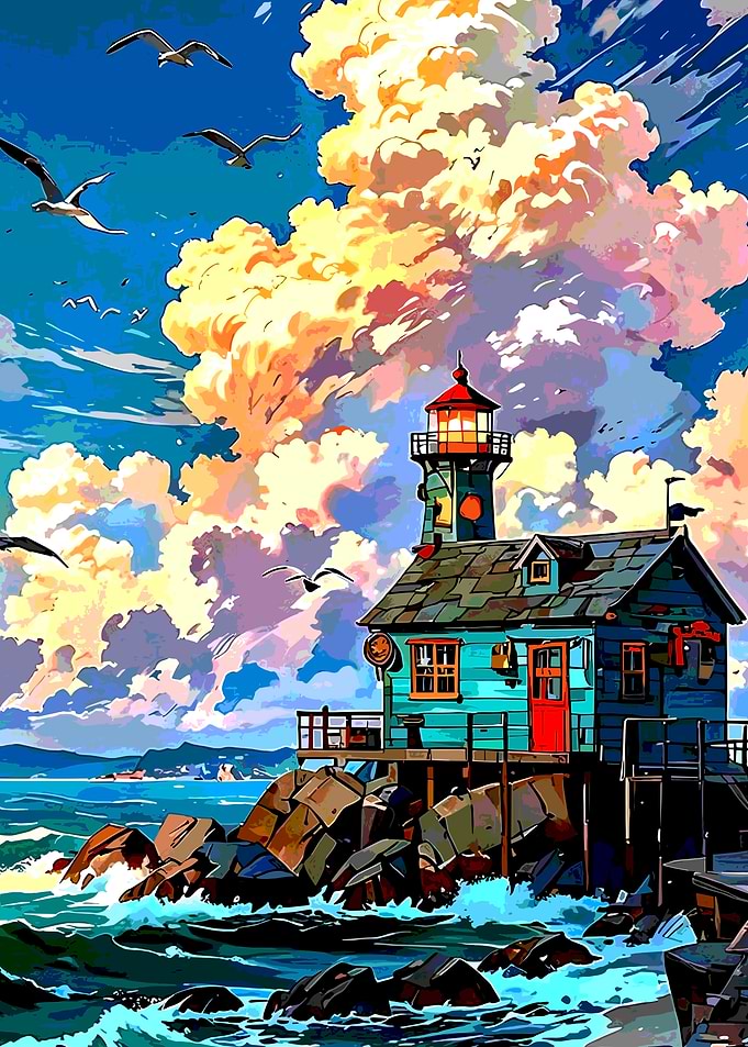 Coastal Lighthouse Scene with Birds