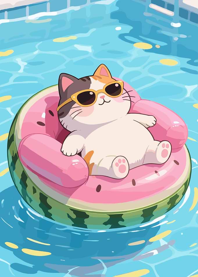 Cat on Watermelon Float in Pool