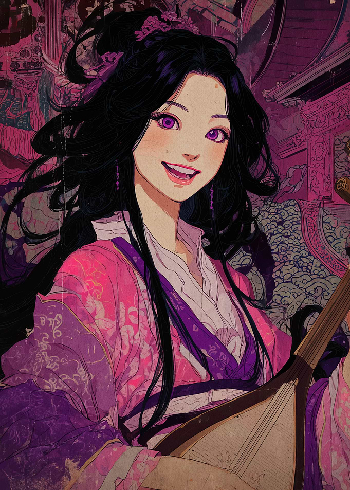 Anime Girl with Lute in Pink
