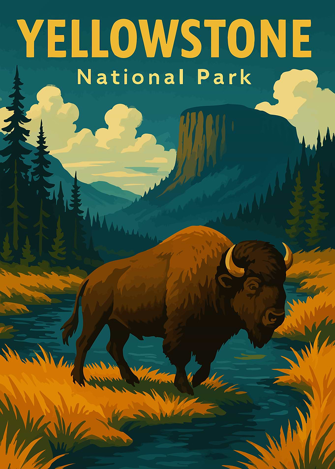 Yellowstone National Park Bison Vintage Poster – Retro Wildlife Travel Art Print