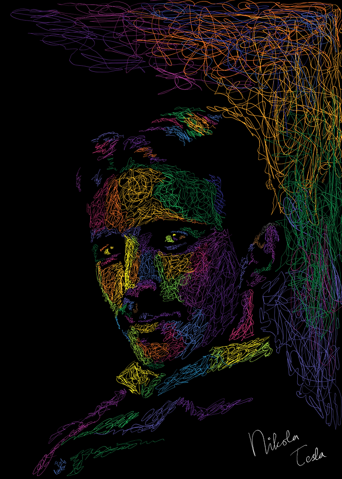 Nikola Tesla Portrait in Colorful Lines