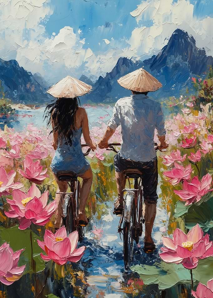 Couple Cycling Through Lotus Field Painting