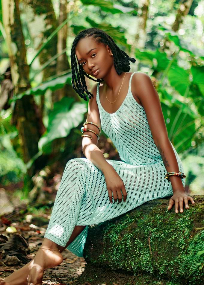 Woman in Crochet Dress in Nature