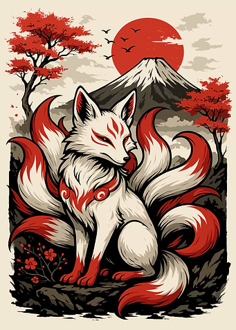 Nine-tailed Fox with Mount Fuji