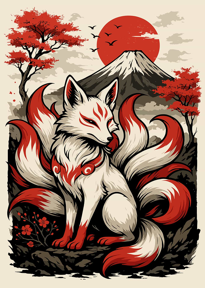 Nine-tailed Fox with Mount Fuji