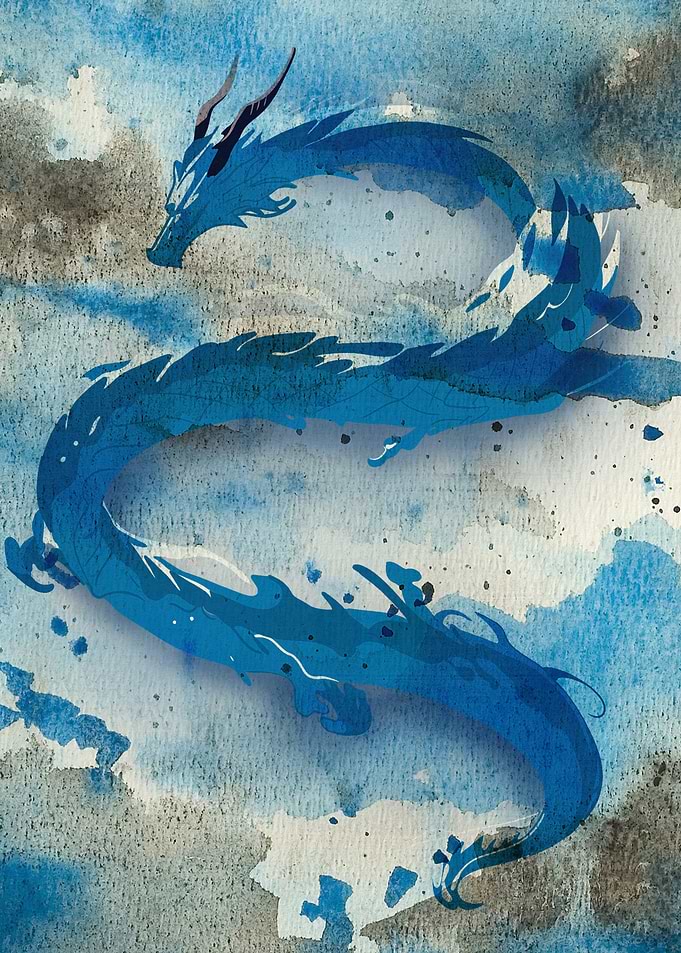 Blue Dragon Watercolor Illustration