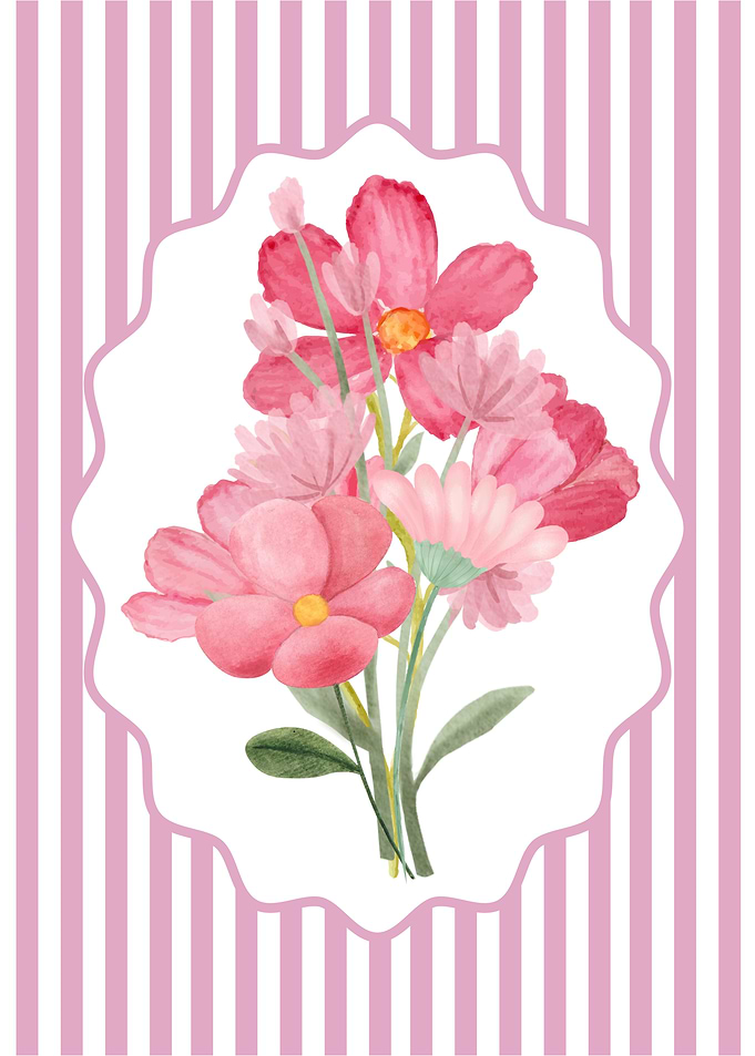 Pink Floral Watercolor Bouquet on Stripes