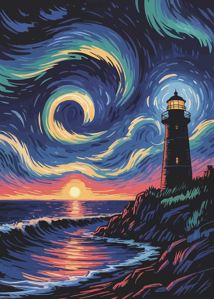 Lighthouse at Sunset with Swirling Sky