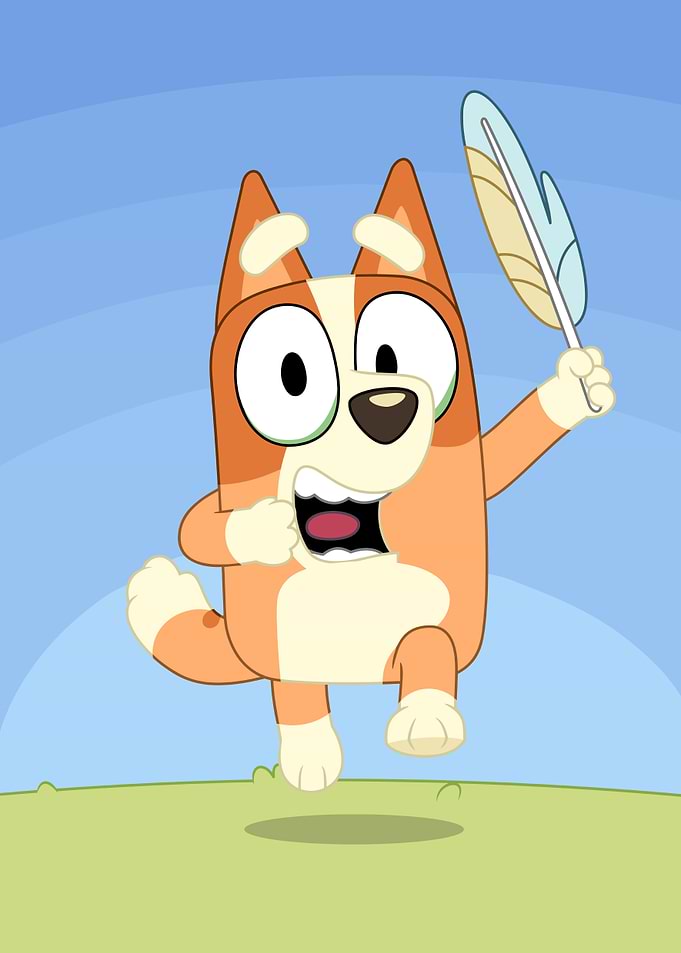 Excited Bluey Character with Feather