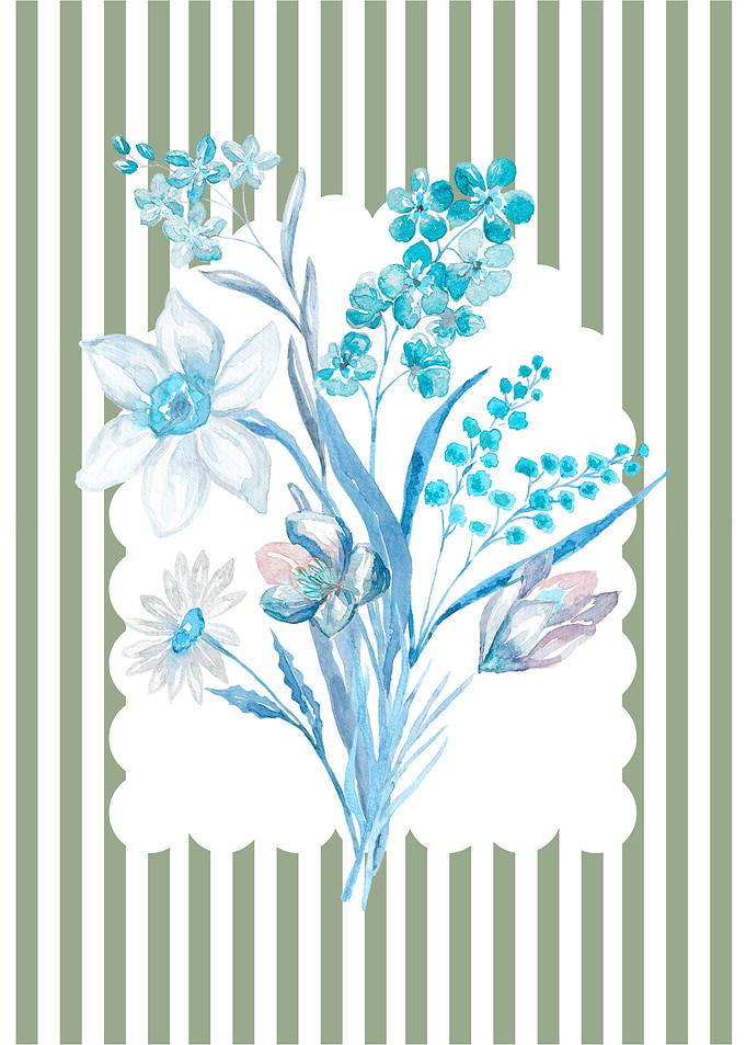 Watercolor Floral Bouquet on Striped Background
