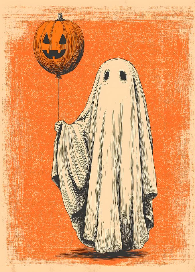 Ghost with Pumpkin Balloon