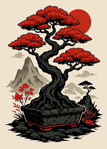 Red Bonsai Tree with Mountain Backdrop