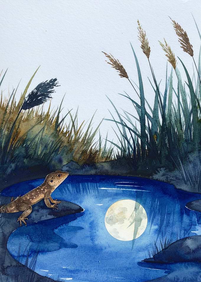 Lizard by the Pond Watercolor Painting