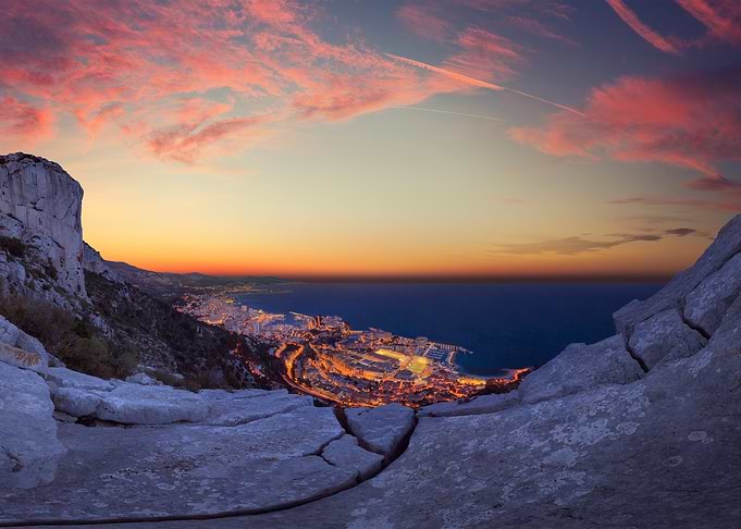 monaco cityscape at sunset from mountain