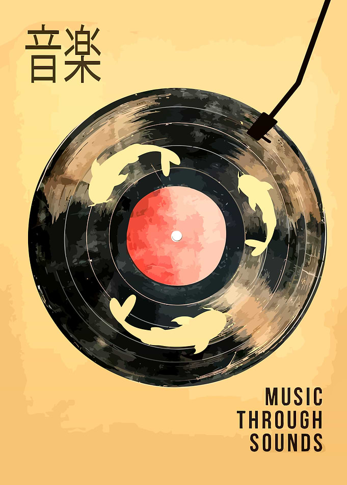 Vinyl Record with Koi Fish Illustration