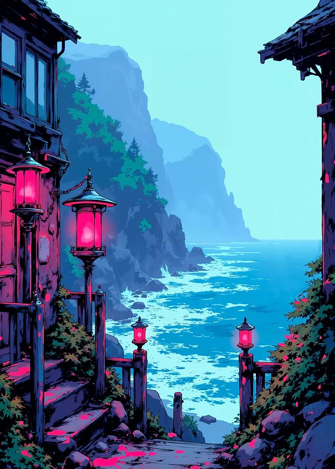Coastal Landscape with Pink Lanterns