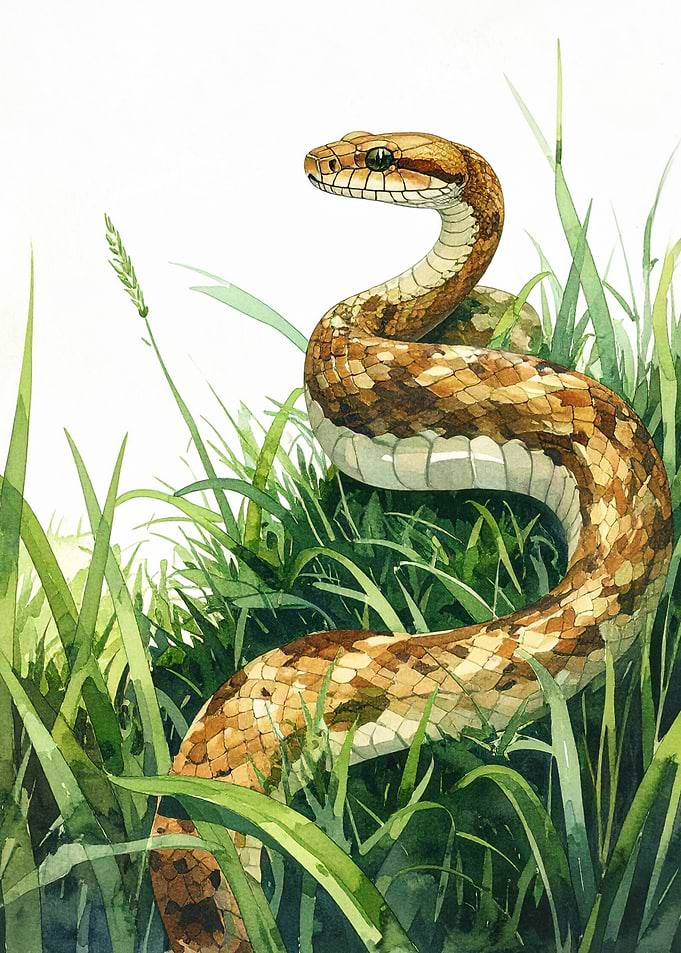 Watercolor Snake in Grass Illustration