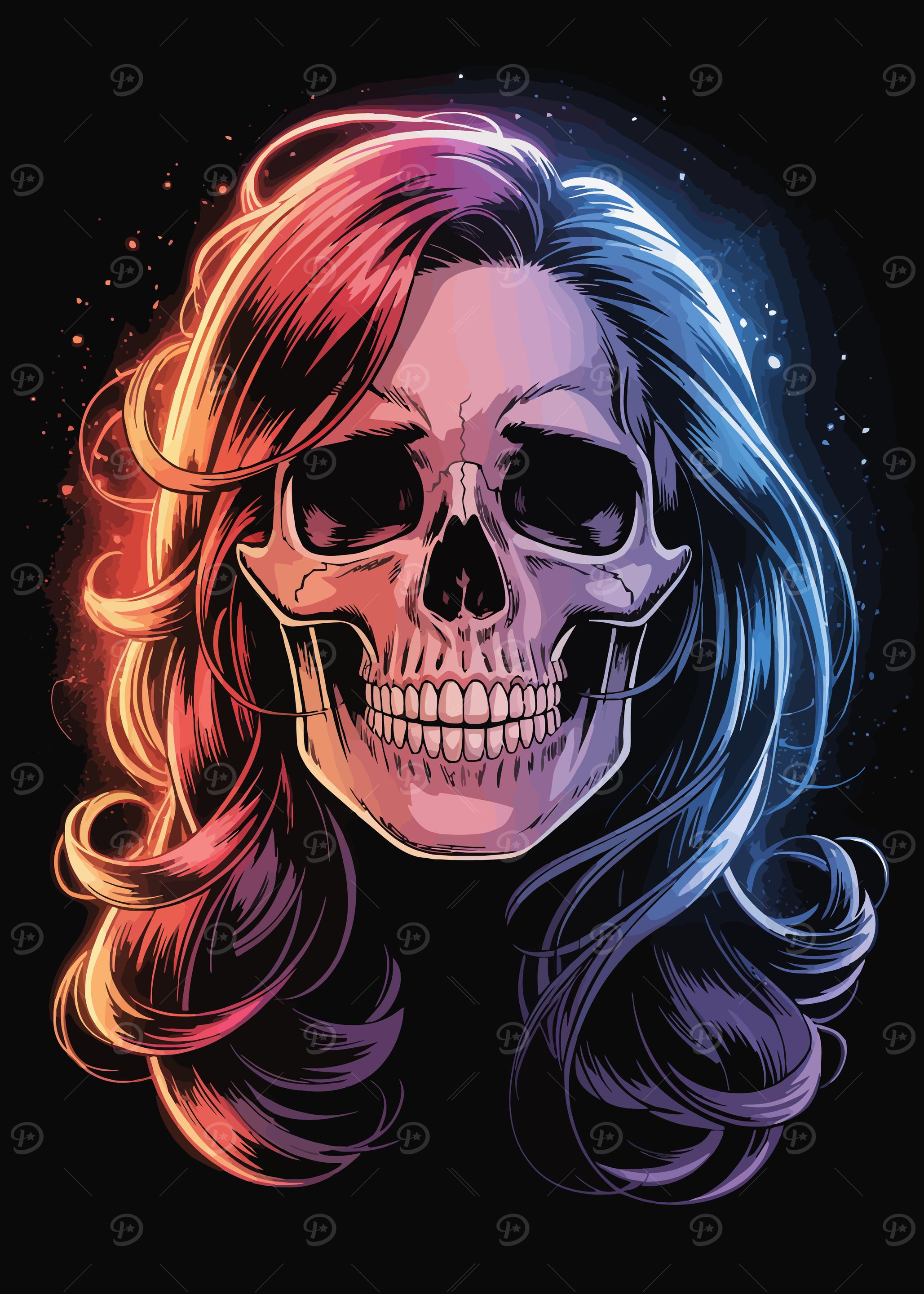 Skull with Colorful Hair Illustration
