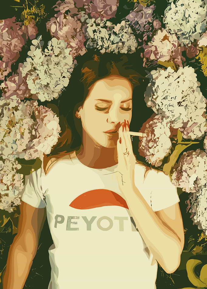 Woman in Flowers Smoking Cigarette