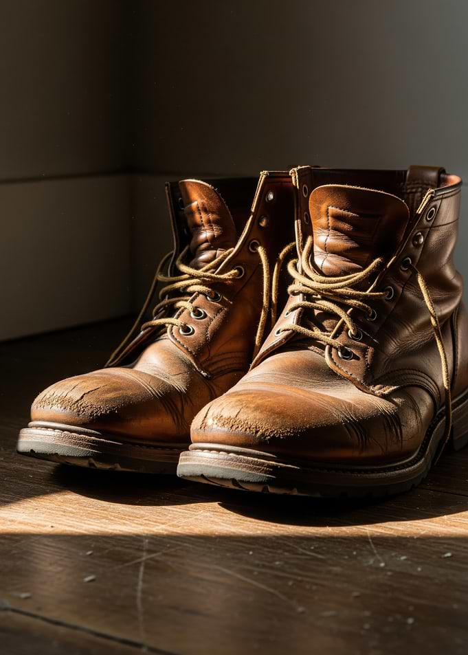 Worn Brown Leather Boots on Wood Floor