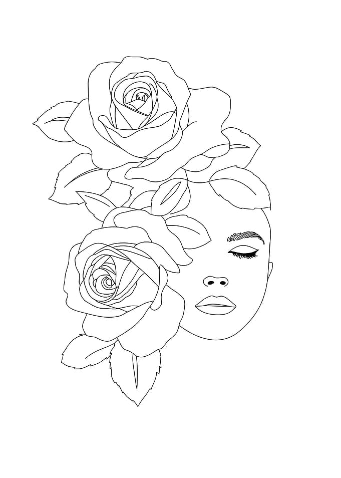 Woman's face with roses Minimalist line art