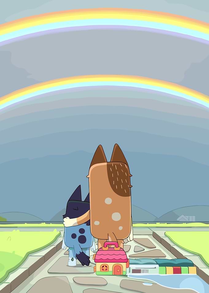 Bluey and Bingo Hugging Under Rainbows