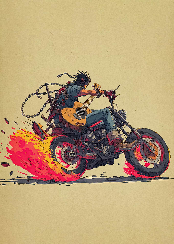 Guitar Rider on Flaming Motorcycle