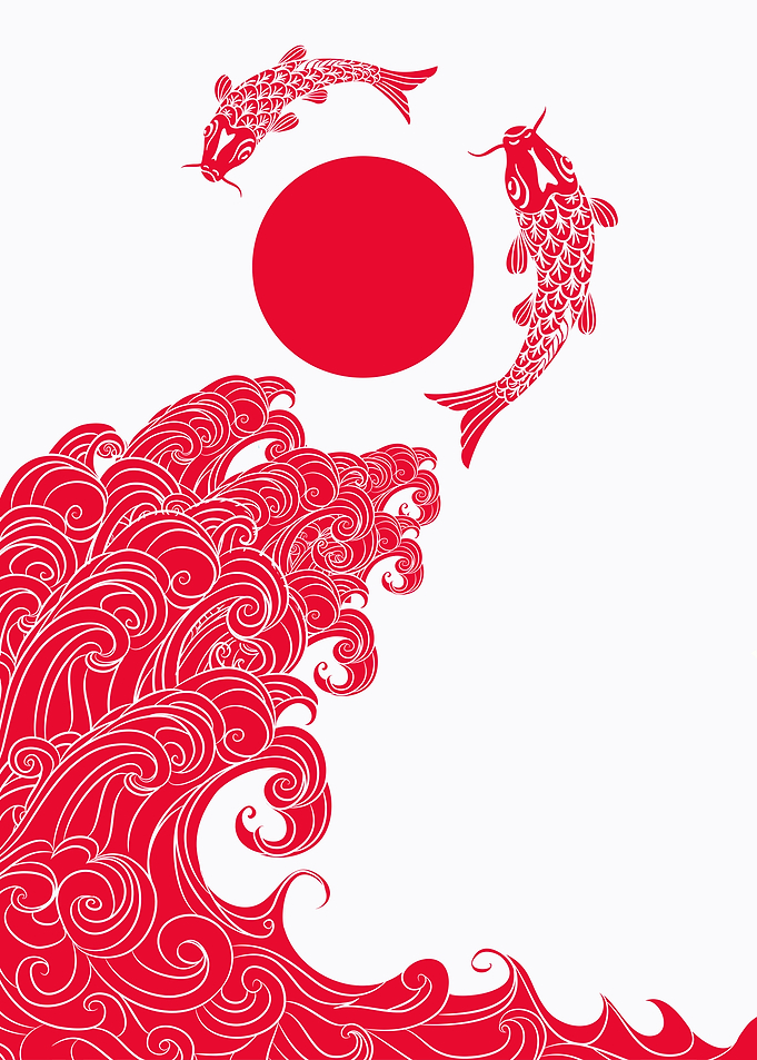 Red Koi Fish and Waves Illustration