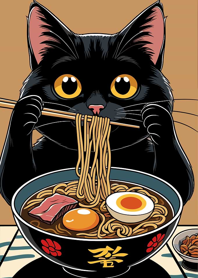 Black Cat Eating Ramen Illustration
