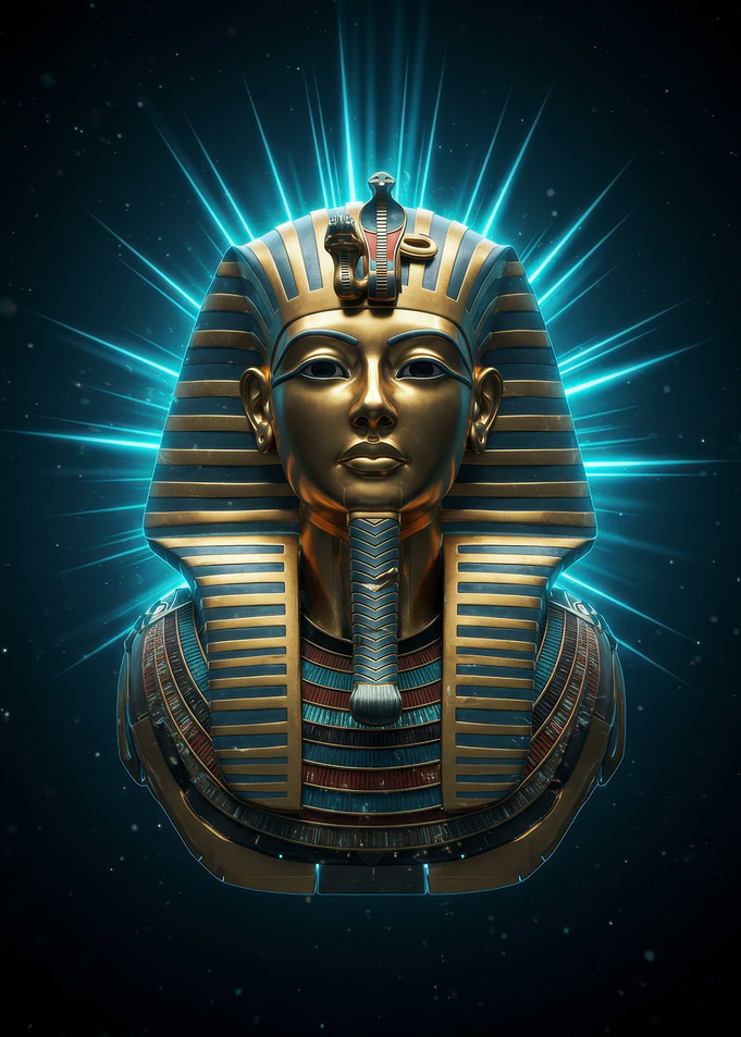 Tutankhamun's golden mask with blue light
