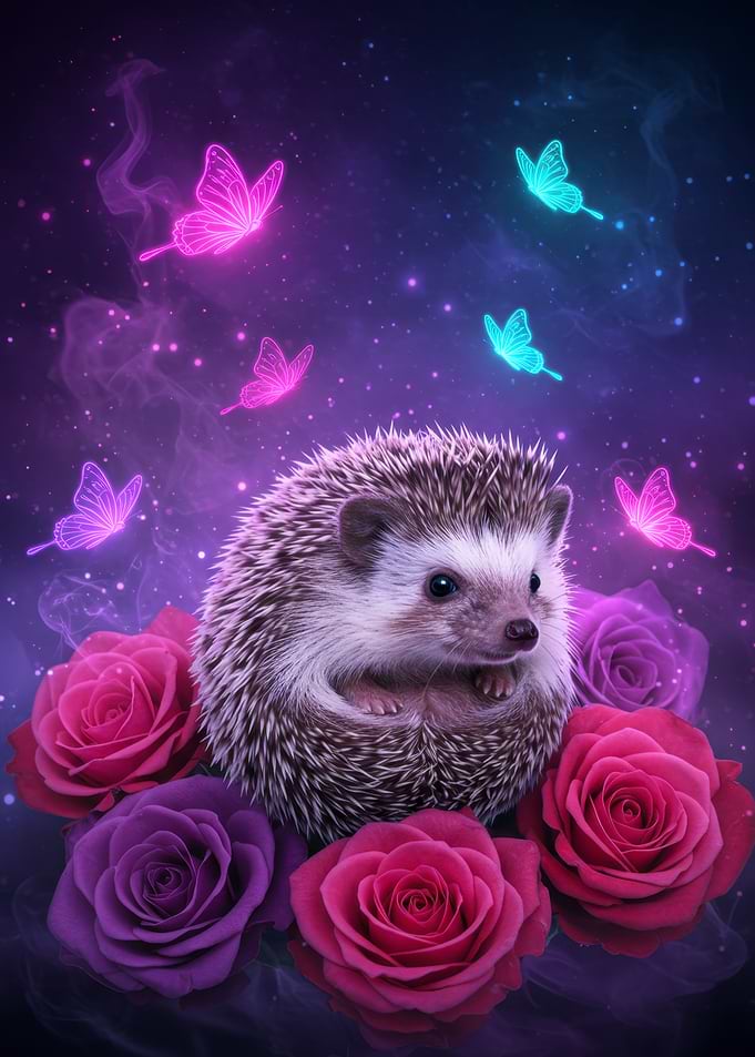 Hedgehog with Roses and Neon Butterflies