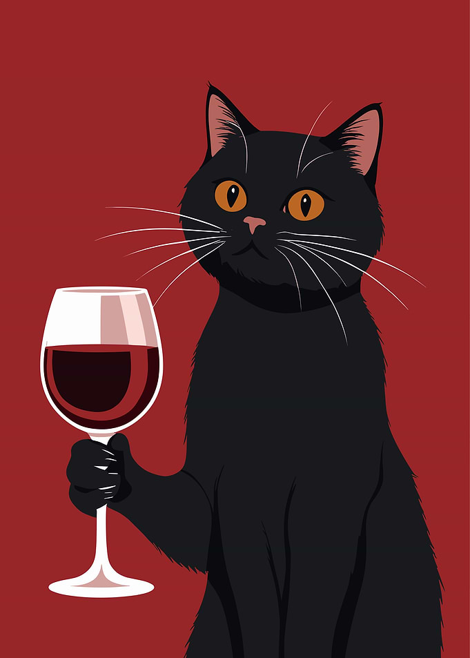 Black Cat with Wine Glass