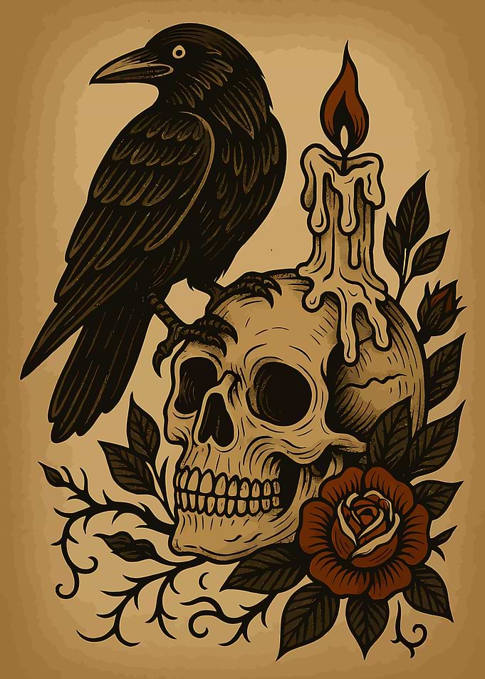 Gothic Raven & Skull Poster – Candlelight Vintage Tattoo-Style Dark Art Print