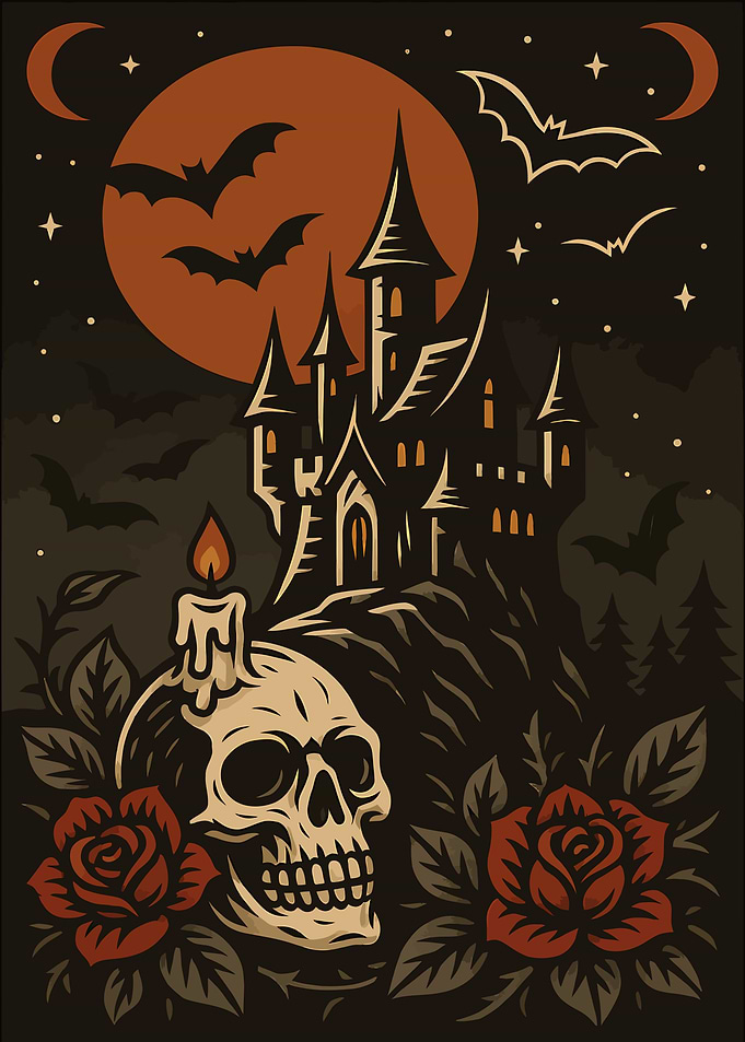 Halloween Castle with Skull and Roses