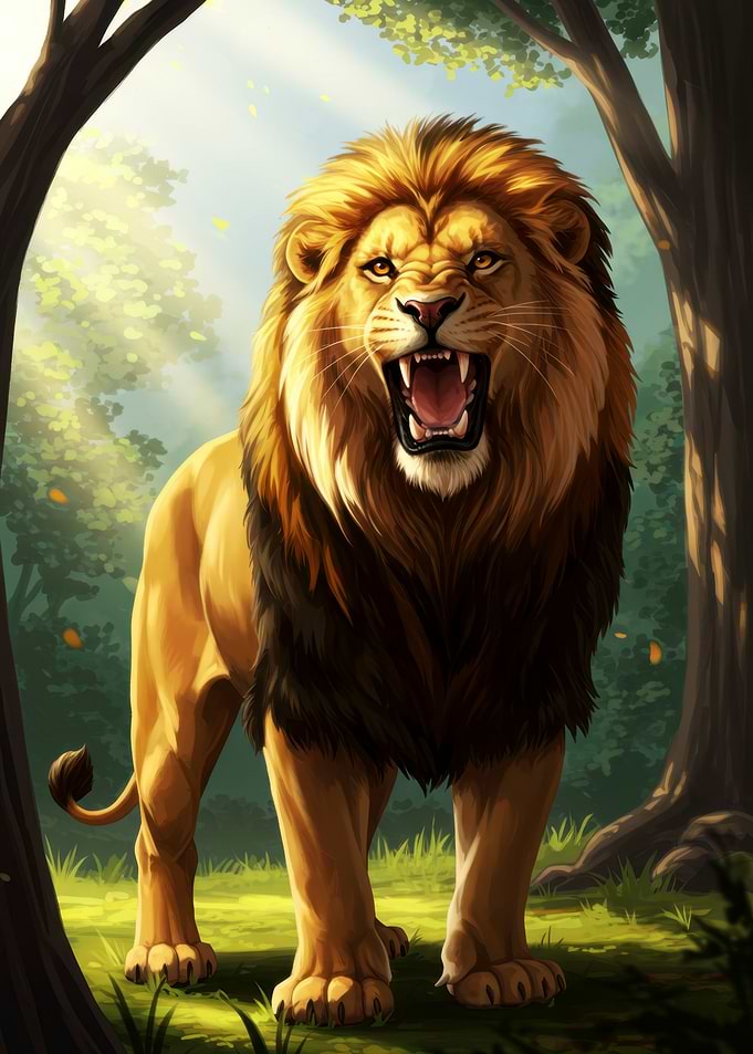 Roaring Lion in Forest Illustration