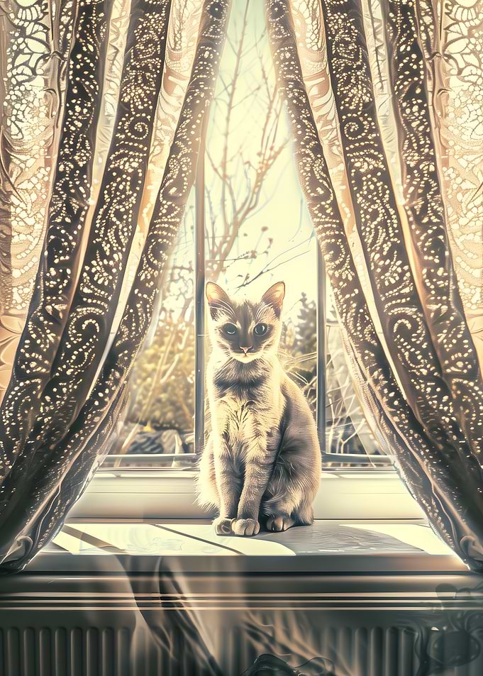 Cat on Window Sill with Curtains
