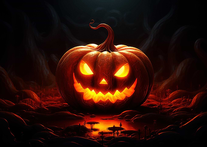 Glowing Halloween Pumpkin in Dark Landscape